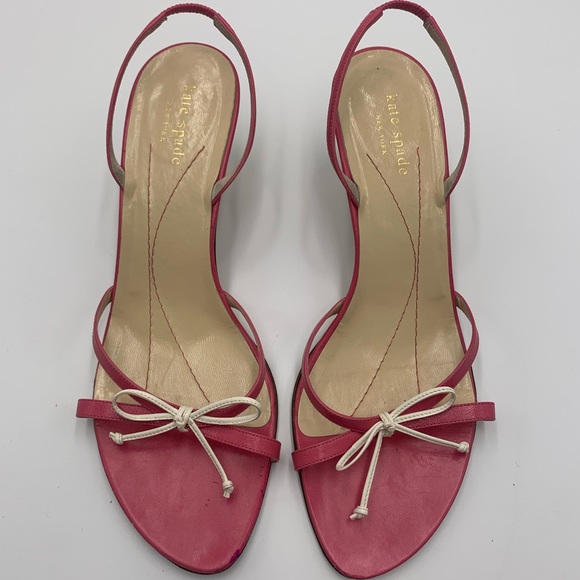 ❤️ Kate Spade ❤️Pink White Bow Strappy Sandals Wooden Kitten Heels Shoes 10B - Picture 8 of 8